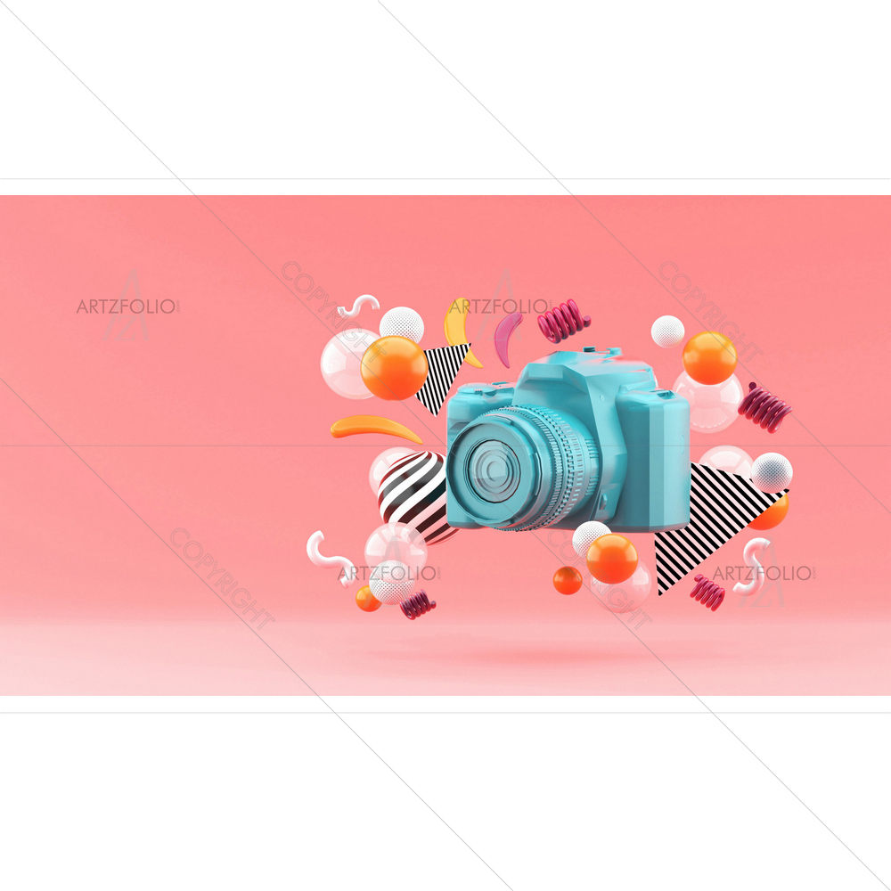 Blue Camera Surrounded by Colorful Balls — custom-size art design 5013131