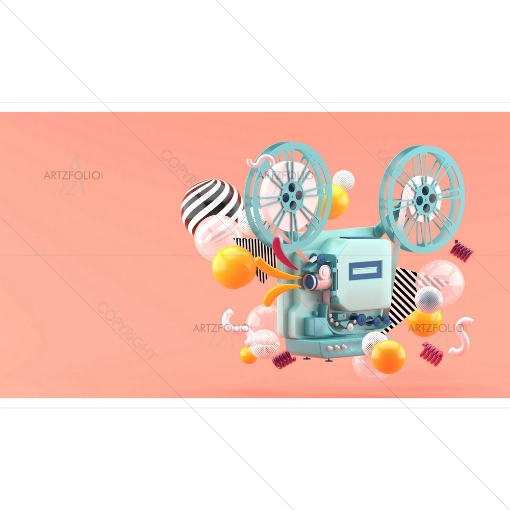 Movie Projector Amid Colorful Balls — custom-size art design 5013135