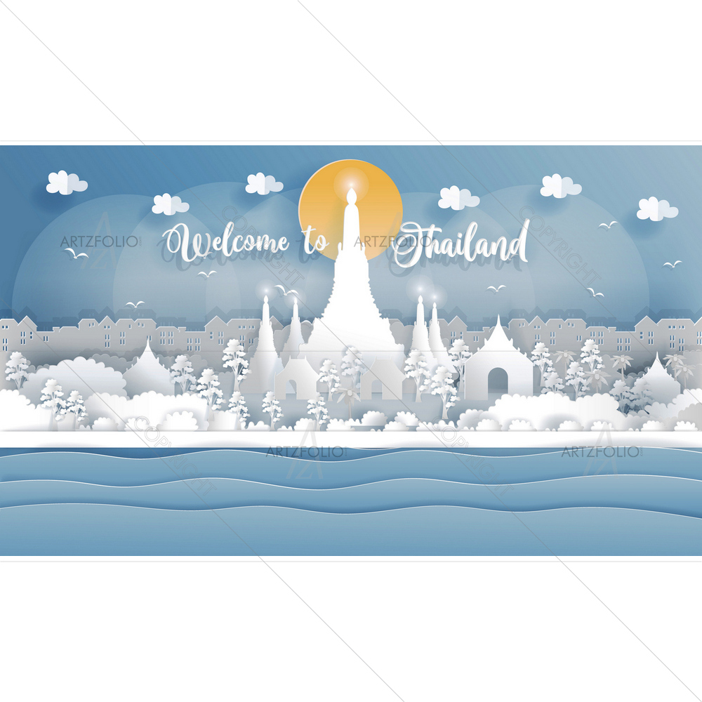 Thai Temple near River, Thailand and Famous Landmarks — Devotional custom art by ArtzFolio