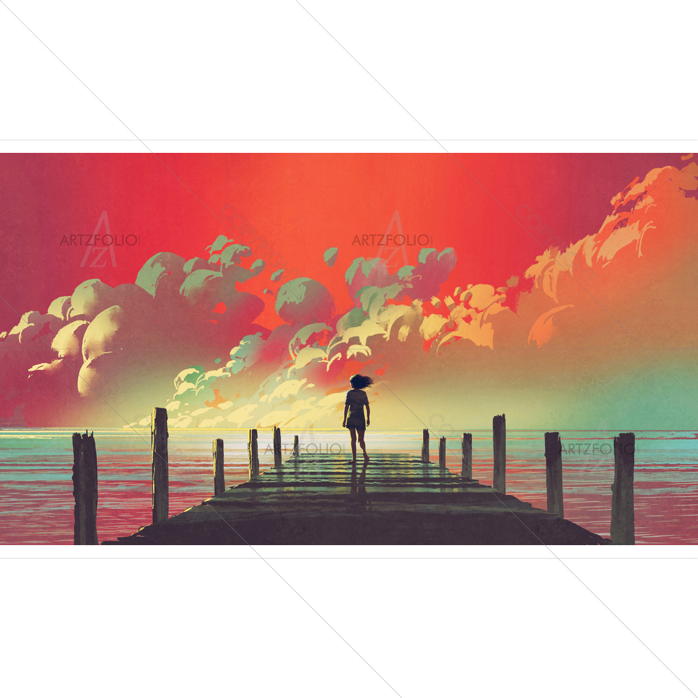 Woman Standing Alone on Wooden Pier — Fantasy custom art by ArtzFolio