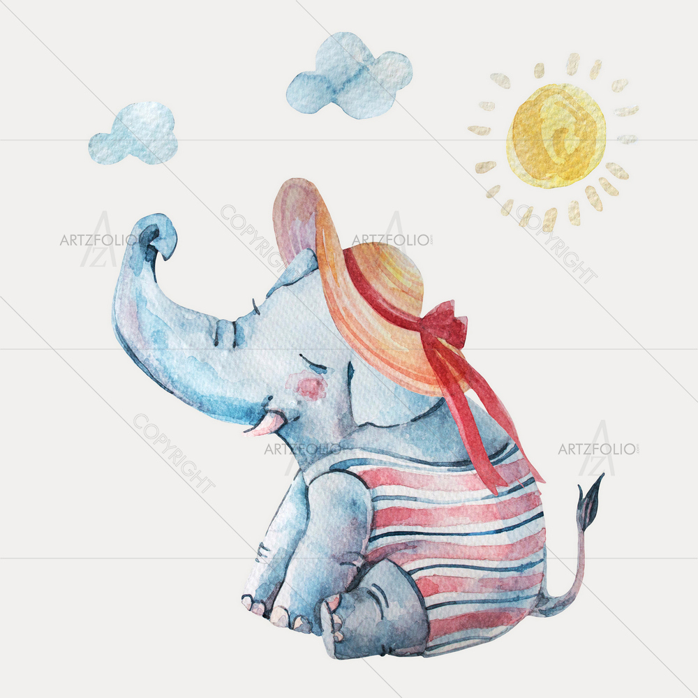 Baby Elephant in Swimsuite and Hat — Animals custom art by ArtzFolio