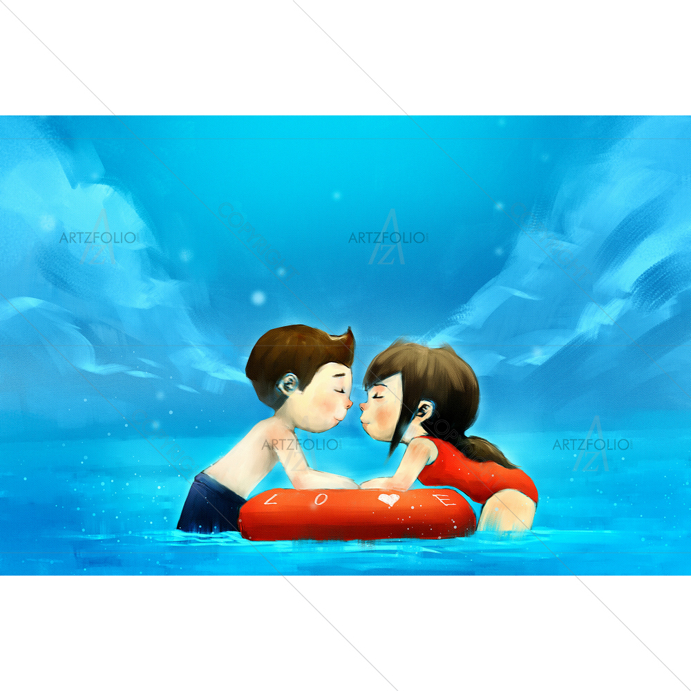 Couple Relaxing on Inflatable Ring — custom-size art design 5013305