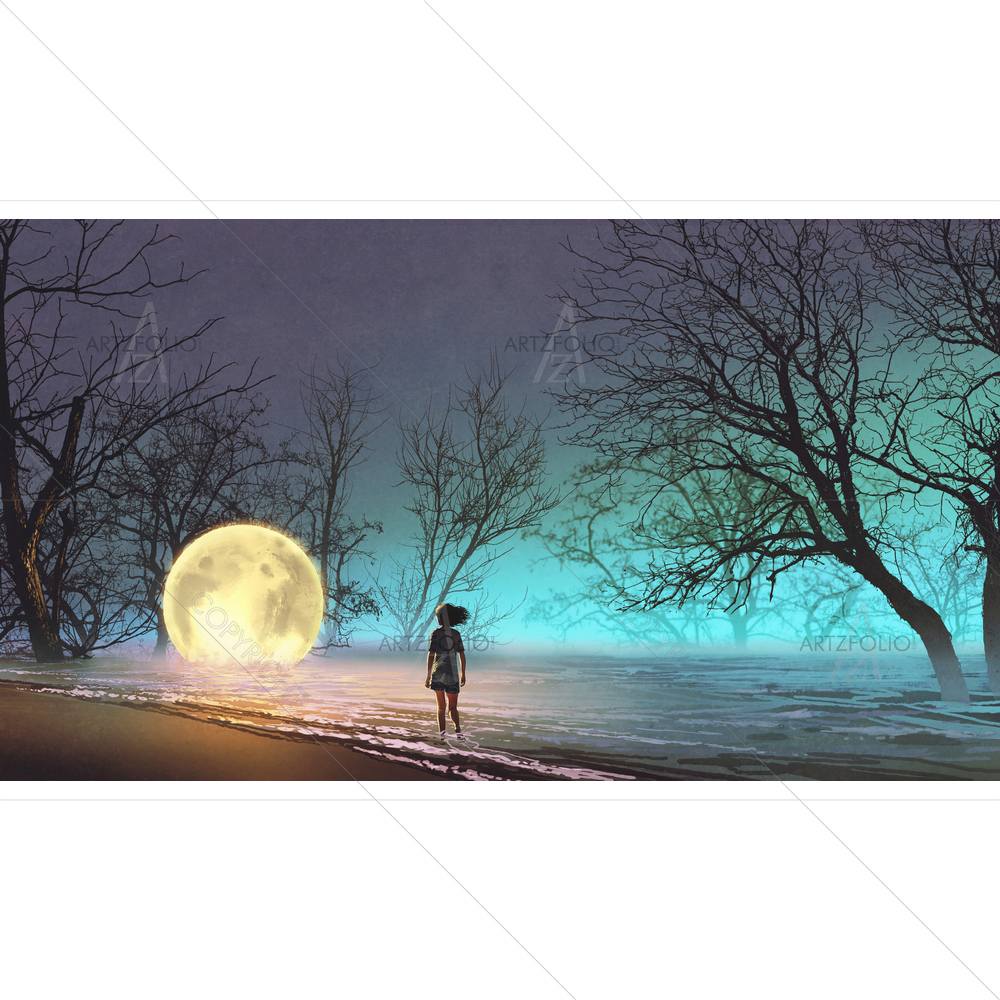 Woman Looking at Fallen Moon on Lake — custom-size art design 5013307