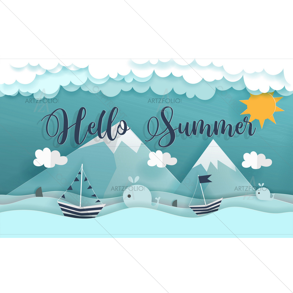 Beach and Boat with Mountains — custom-size art design 5013328