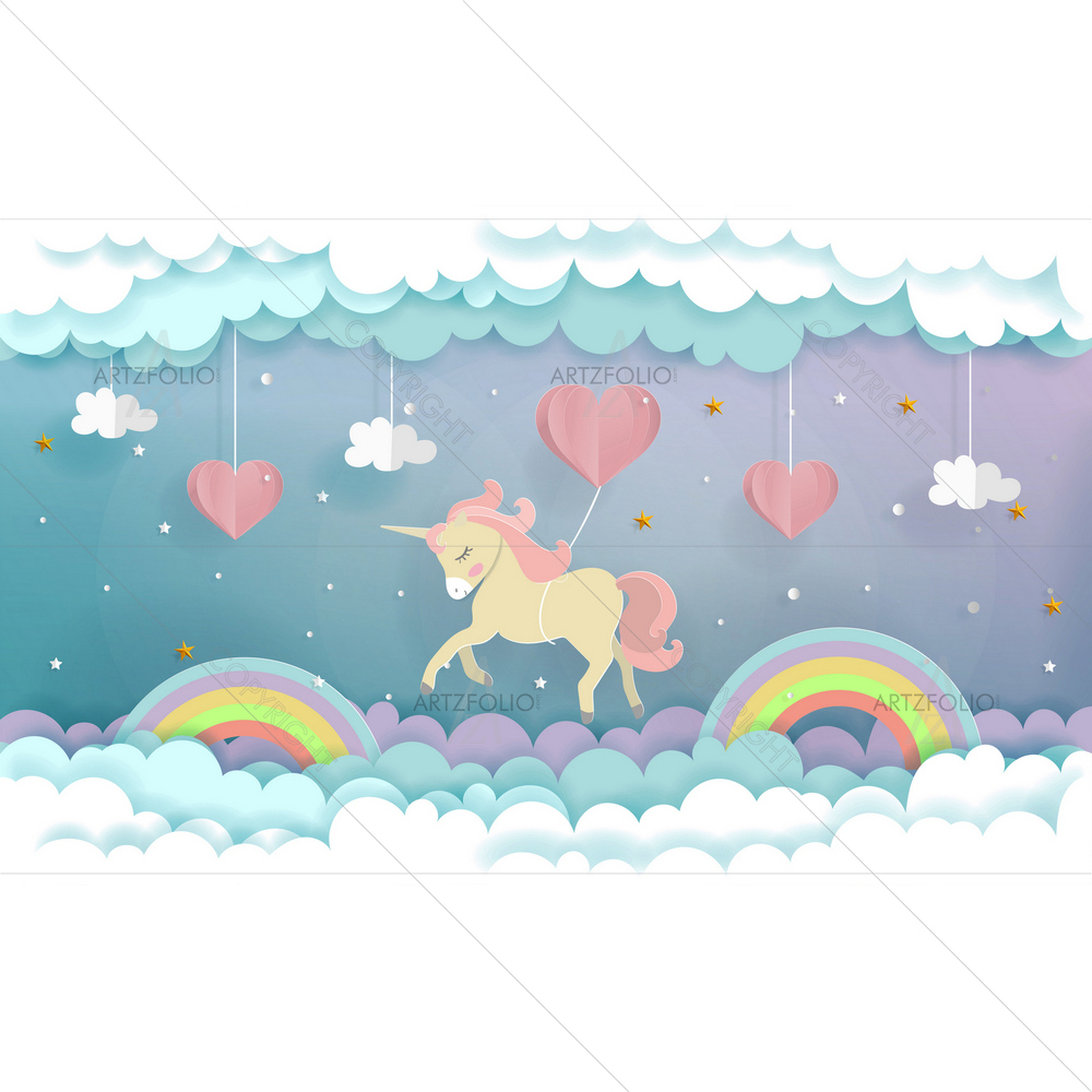 Unicorn Flying with Heart Balloons — Animals custom art by ArtzFolio