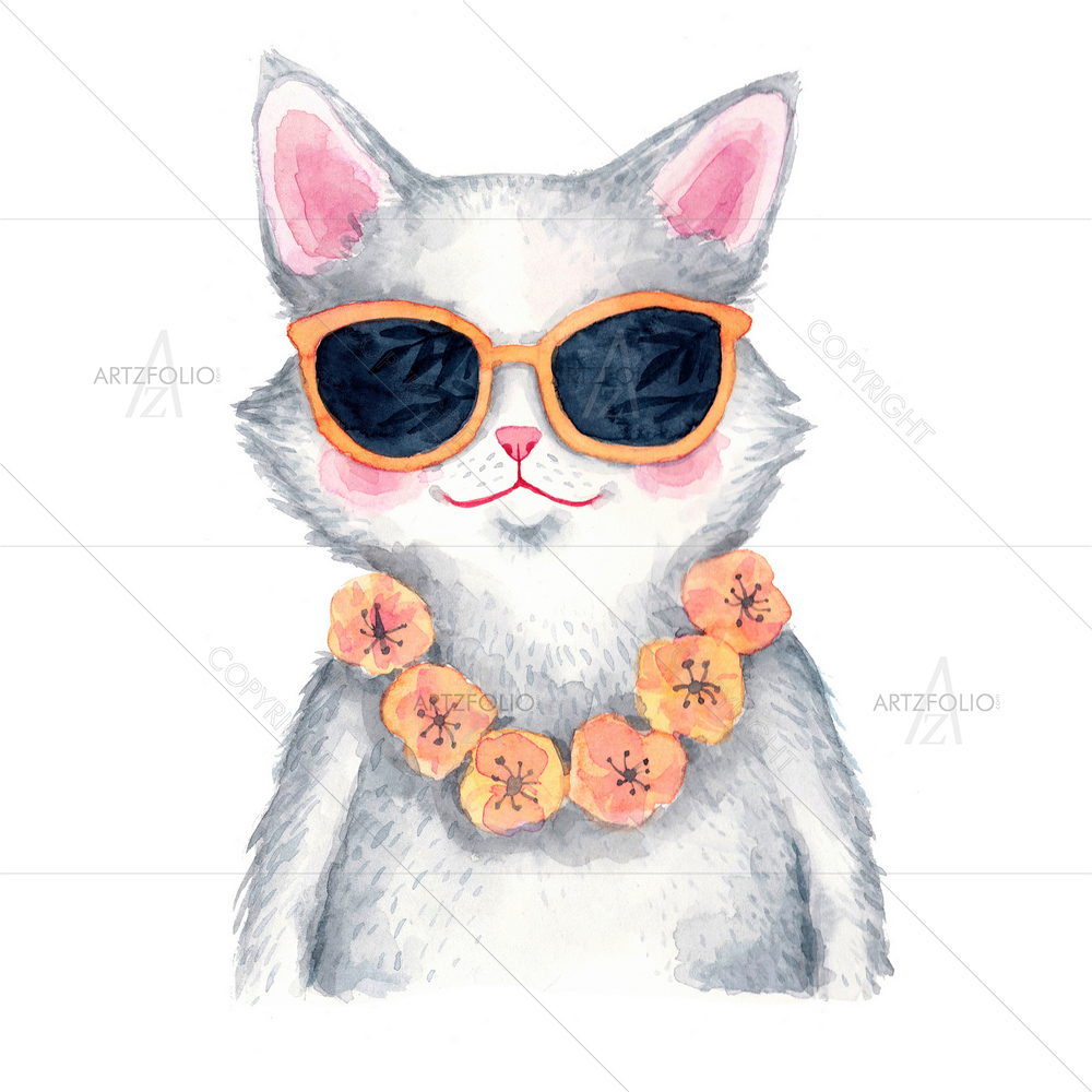 Funny Cat with Sunglasses and Flowers — custom-size art design 5013349