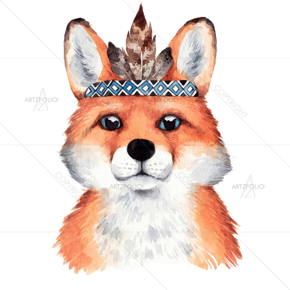 Watercolor Boho Fox — Botanical custom art by ArtzFolio