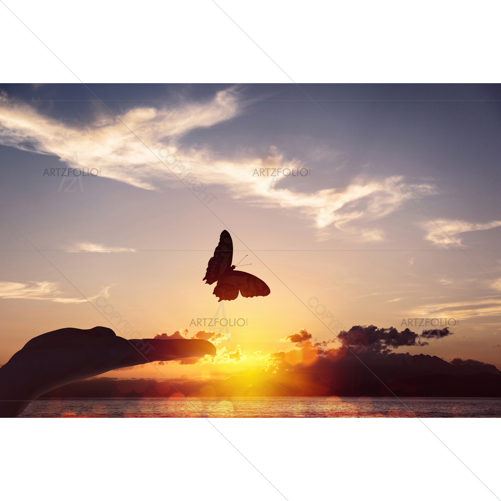Butterfly Takes Flight from Human Hand — Devotional custom art by ArtzFolio