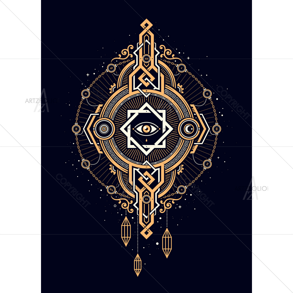 Golden Artifact with One Big Eye — Devotional custom art by ArtzFolio