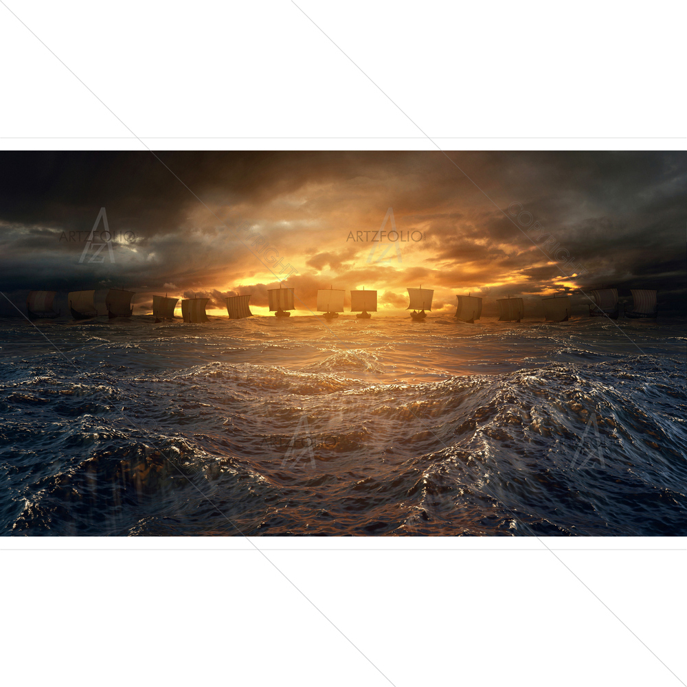 Vikings Ships on Stormy Ocean — custom-size art design 5013444
