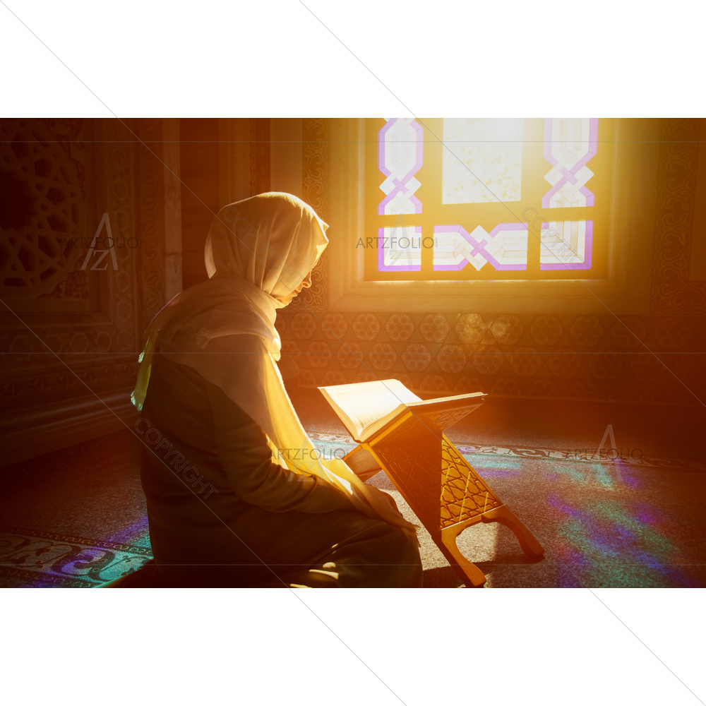 Young Muslim Woman Reading Quran — Devotional custom art by ArtzFolio