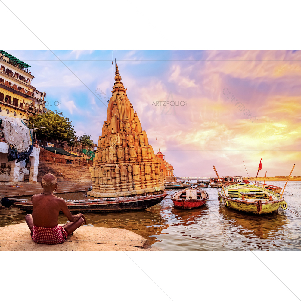 Old Man Meditates at Varanasi Ganges River Bank — Devotional custom art by ArtzFolio