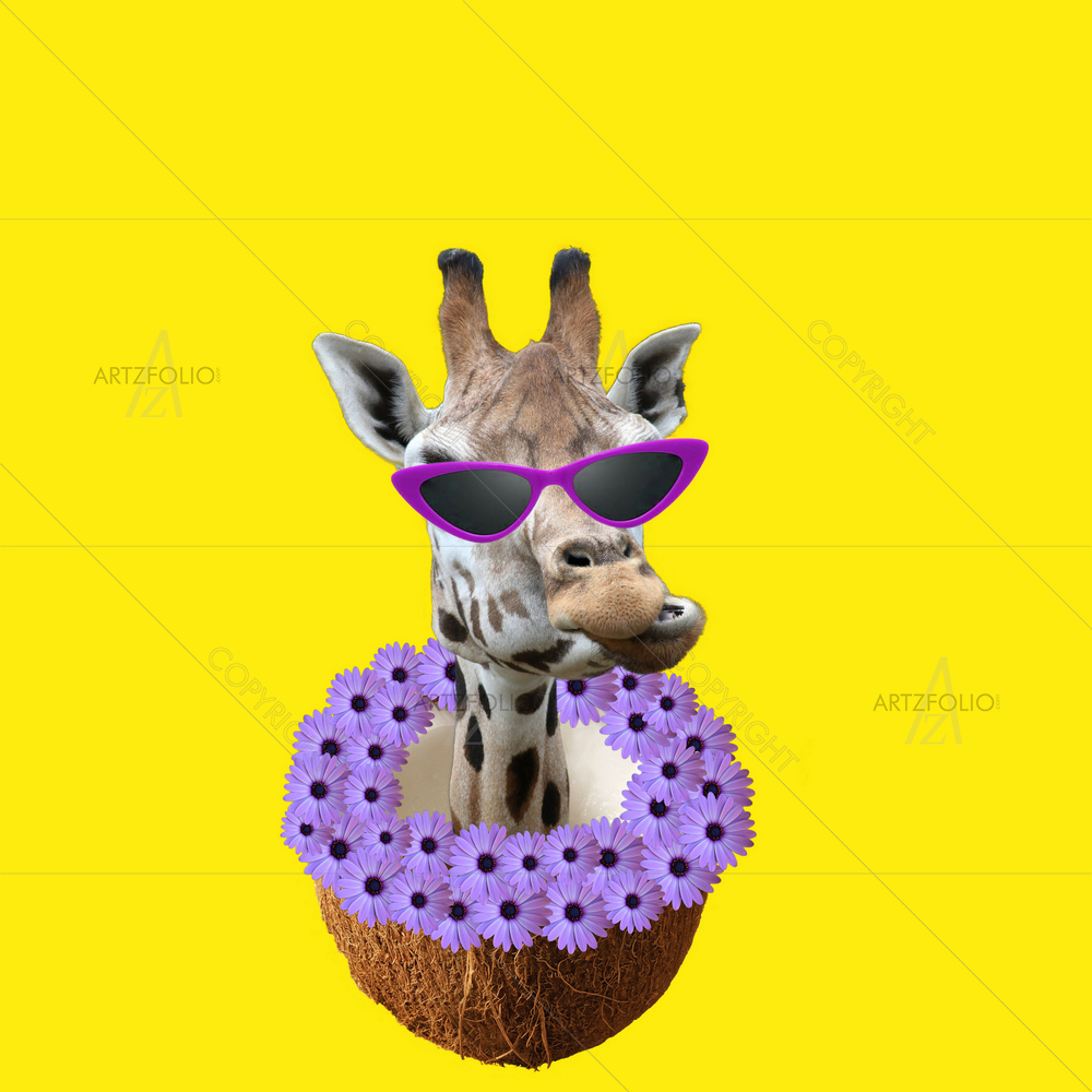 Giraffe inside Coconut Wearing Sunglasses — custom-size art design 5013469