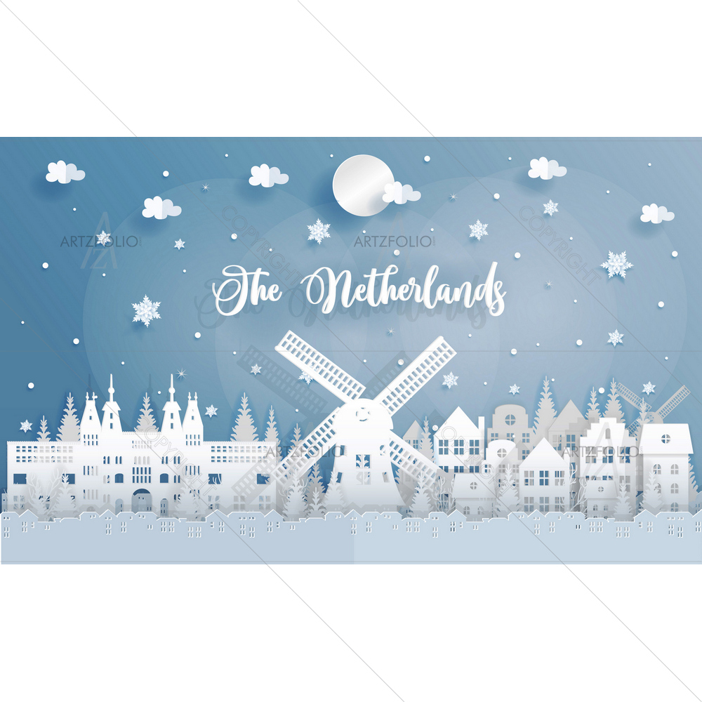 Windmill and Falling Snow, Netherlands — custom-size art design 5013486