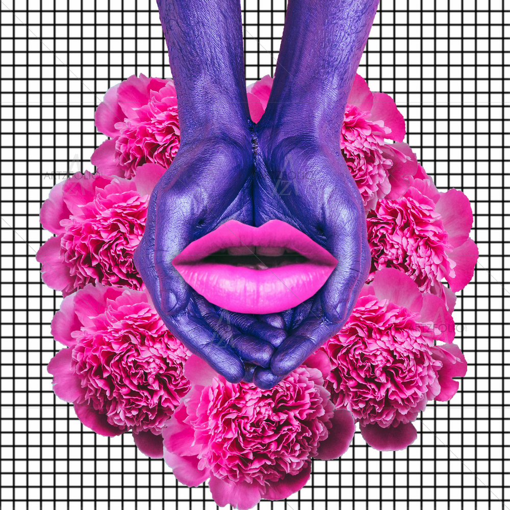 Purple Hands Holding Lips on Flowers — custom-size art design 5013509