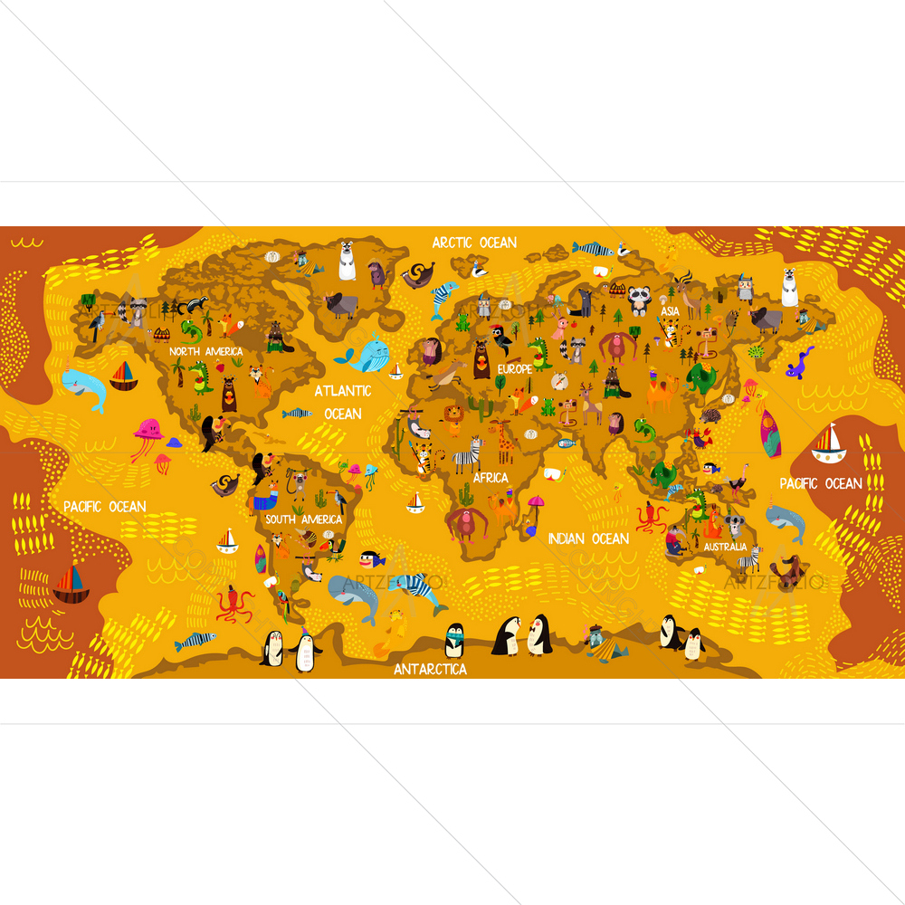 Cartoon Animal World Map D3 — Kids & Nursery custom art by ArtzFolio