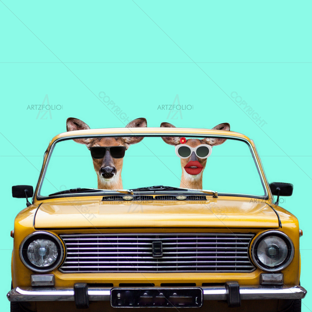 Deers in Car — Ancient custom art by ArtzFolio