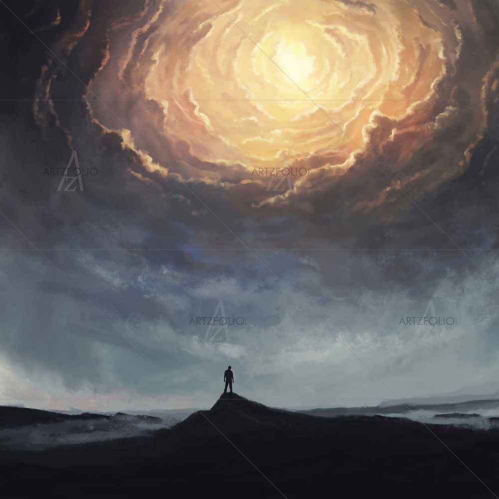 Man Looking Up To Sky Opening Up As Heaven — custom-size art design 5013592