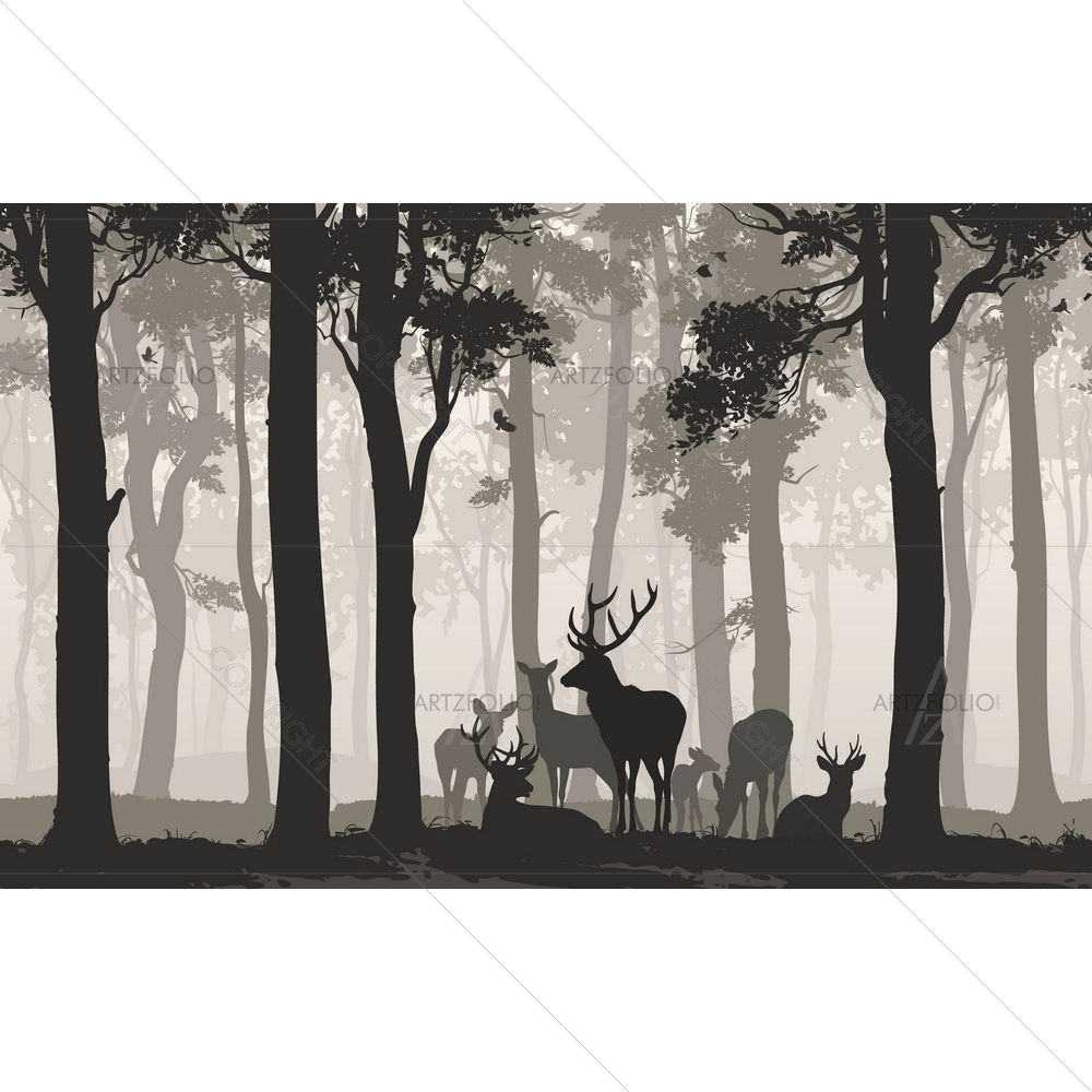 Forest Silhouette With Deer Herd — custom-size art design 5013598