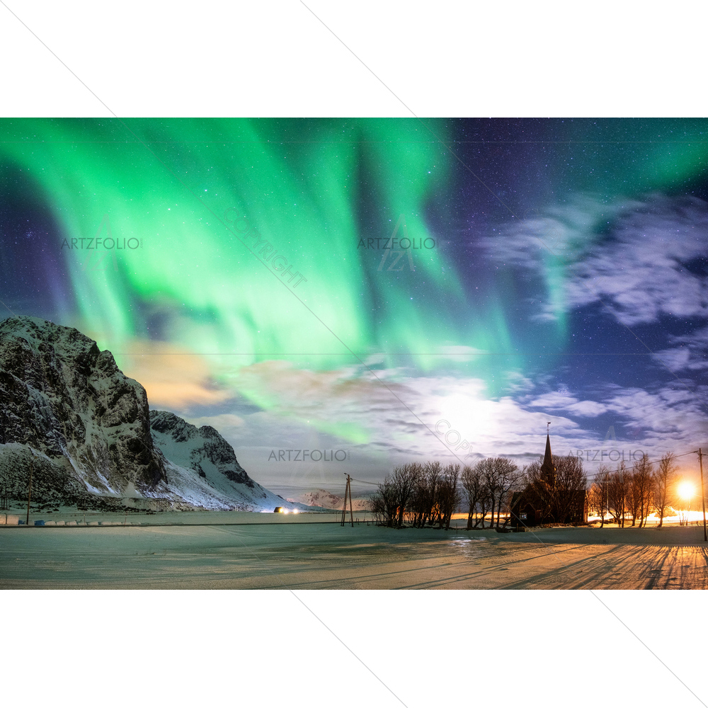 Aurora Borealis Over Church, Norway — custom-size art design 5013616