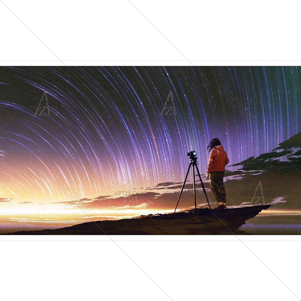 Young Photographer Taking Picture of Sunrise Sky — custom-size art design 5013648