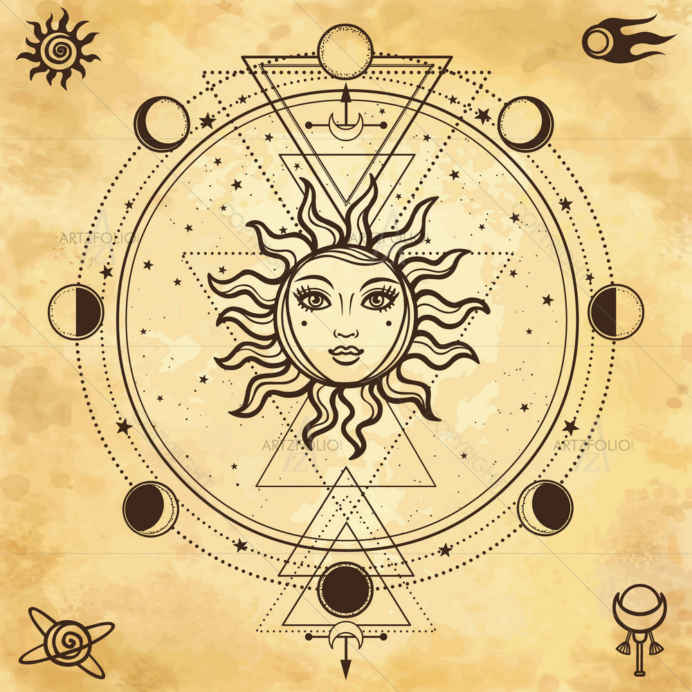 Sun with Human Face with Phases of Moon — custom-size art design 5013663