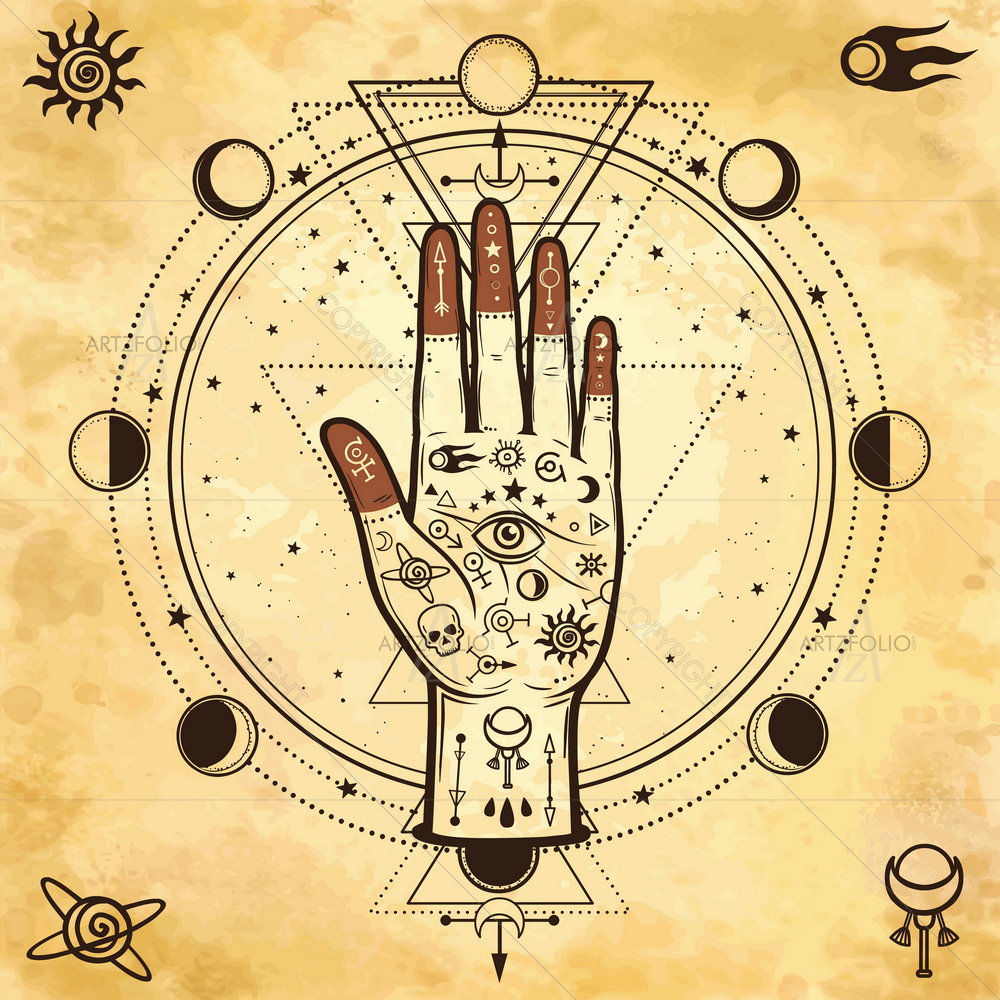 Mysterious Background with Hands, Eye — Ancient custom art by ArtzFolio
