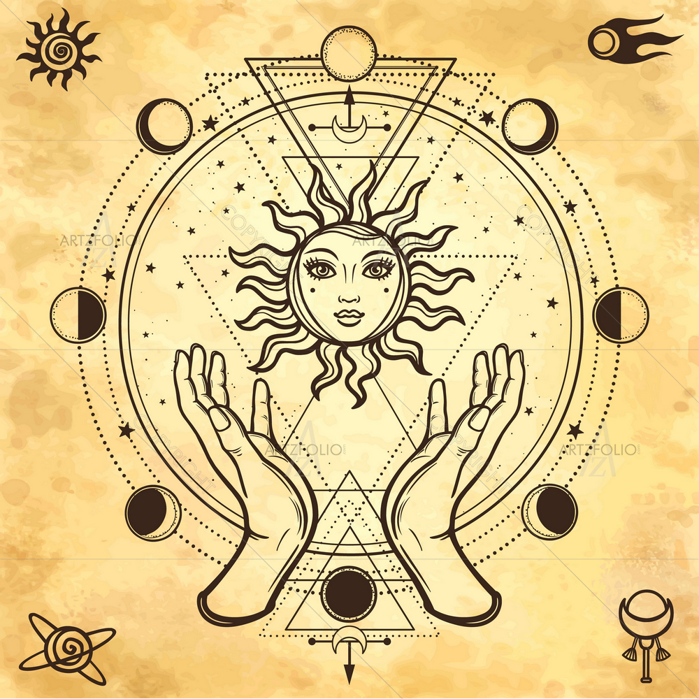 Mystical Human Hands Holding Sun — Ancient custom art by ArtzFolio