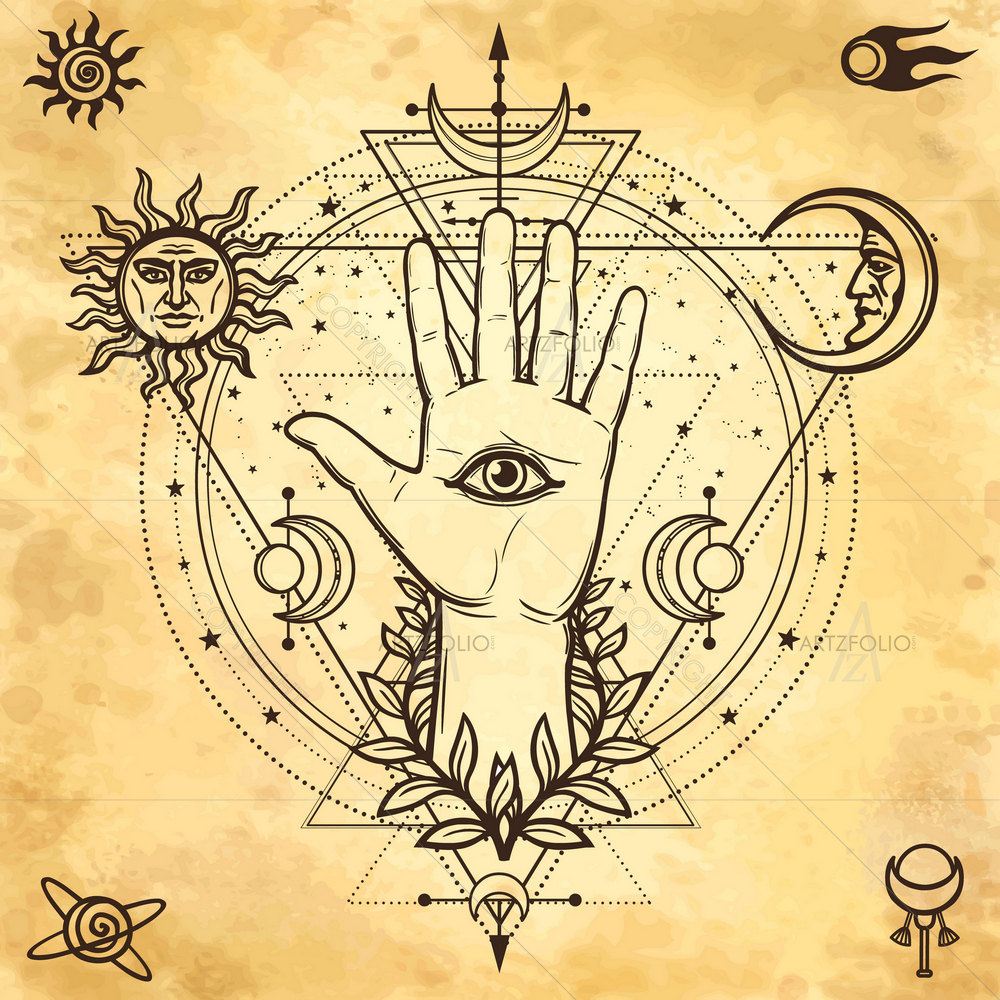 Mystical Human Hand, All-Seeing Eye — Ancient custom art by ArtzFolio
