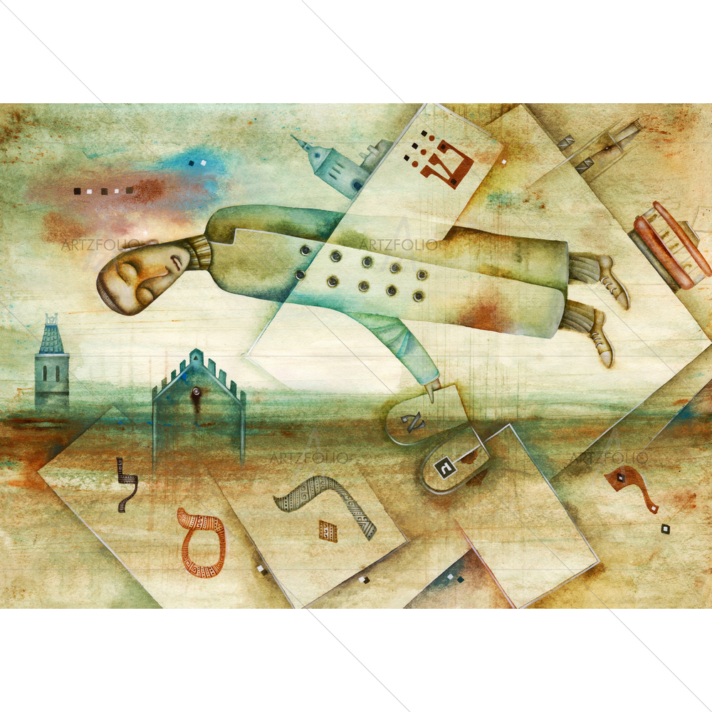 Flying Man and Jewish Letters — Alphabets custom art by ArtzFolio