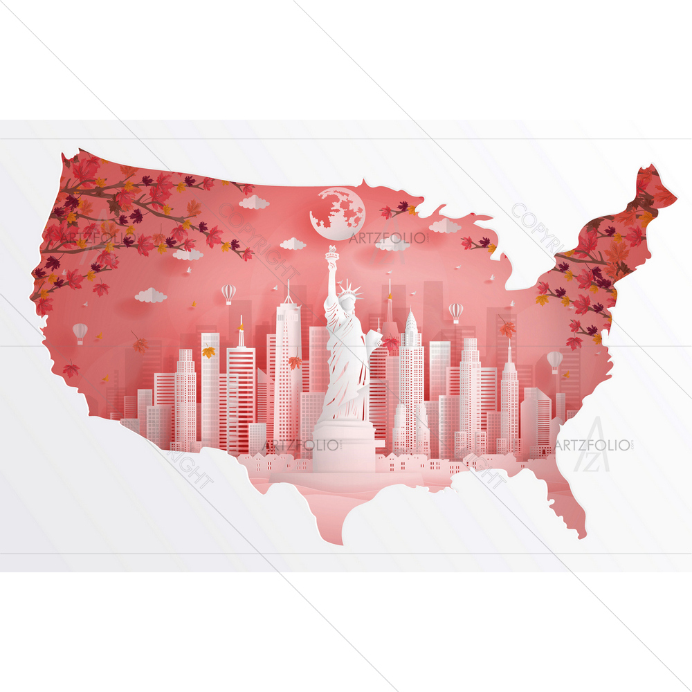 Map of New York Autumn with Liberty Statue USA — Abstract custom art by ArtzFolio