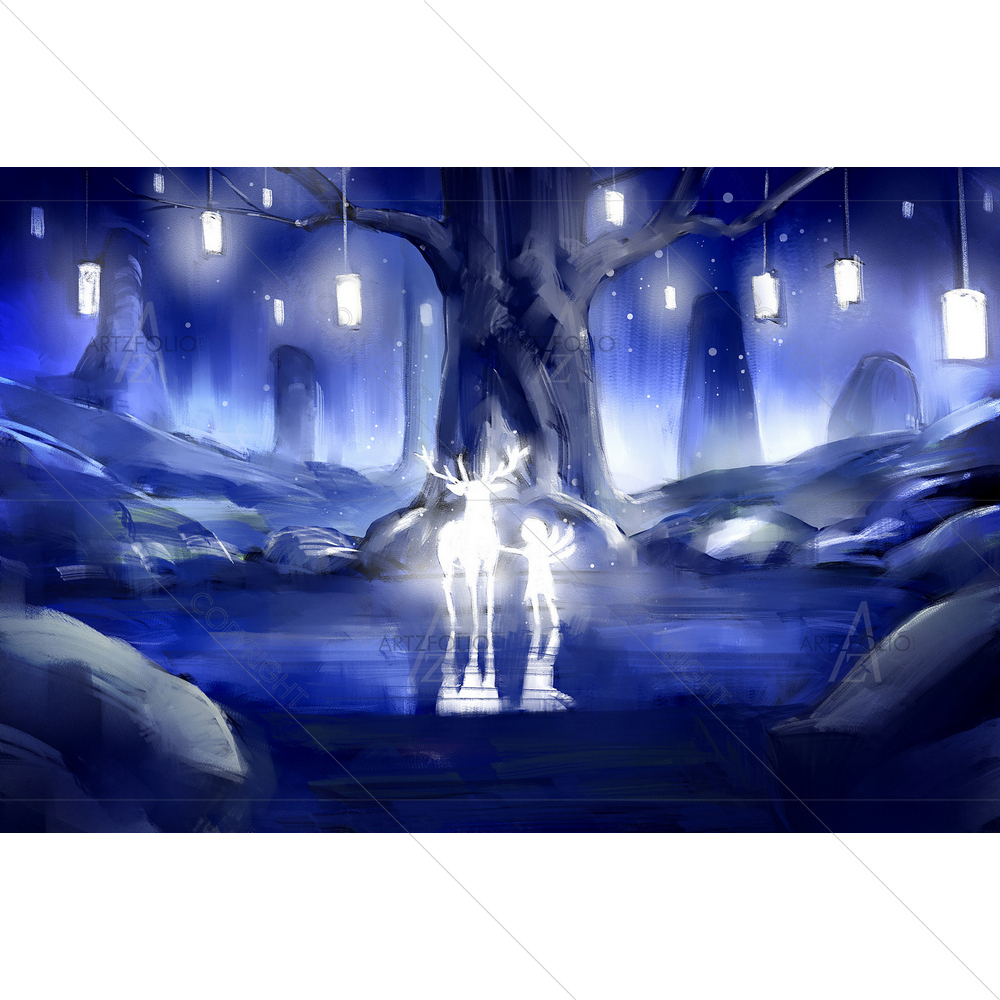 Girl and Deer under Tree — custom-size art design 5013731