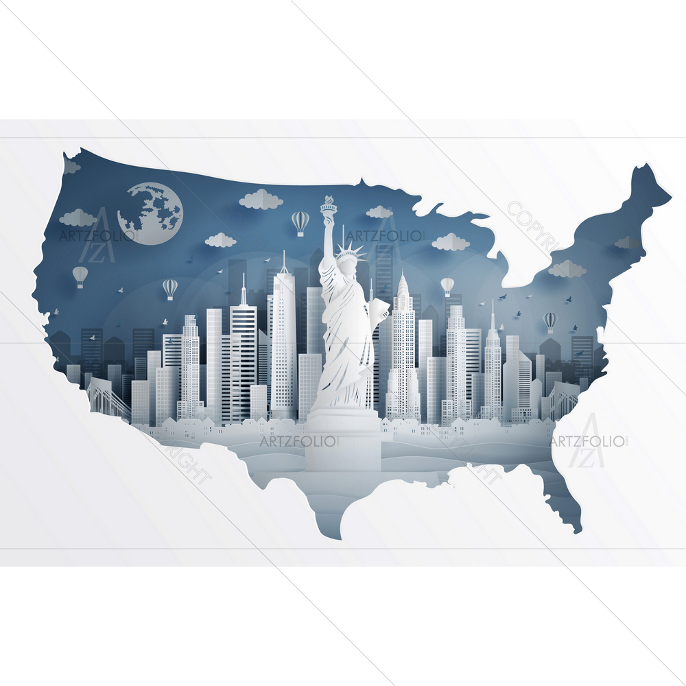 New York City with Liberty Statue and USA's Map — American custom art by ArtzFolio