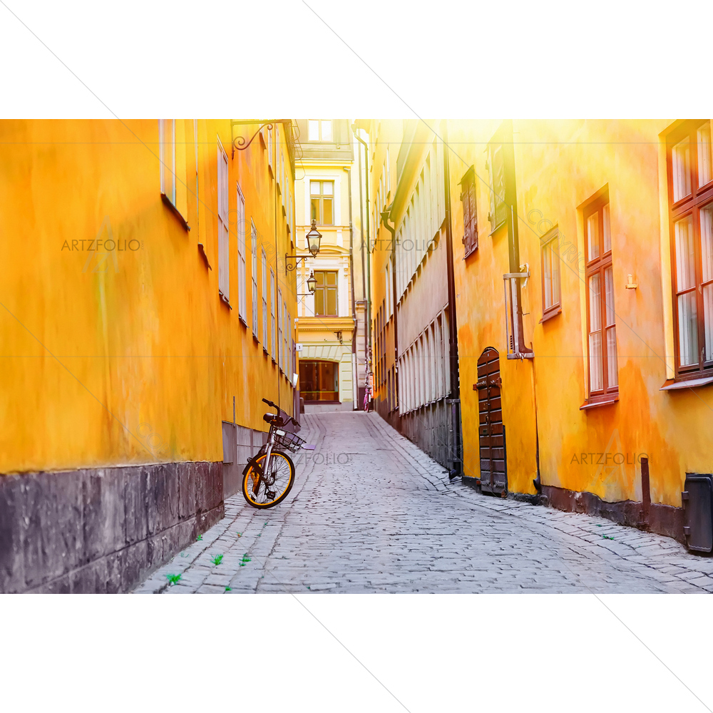 Cobblestone Street with Bicycle and Medieval Houses — Fluid marble custom art by ArtzFolio