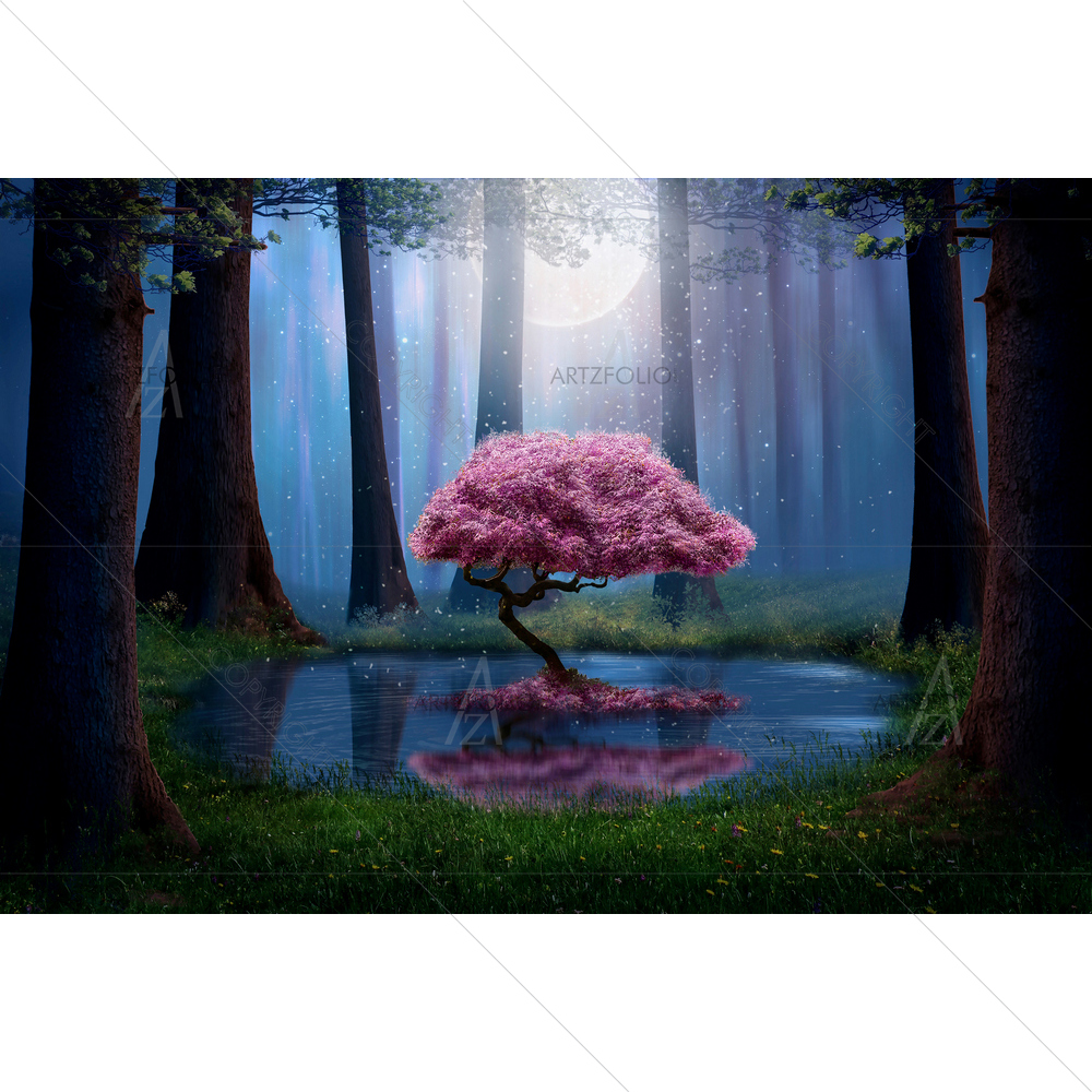 Pink Tree and Pond in Forest — Botanical custom art by ArtzFolio