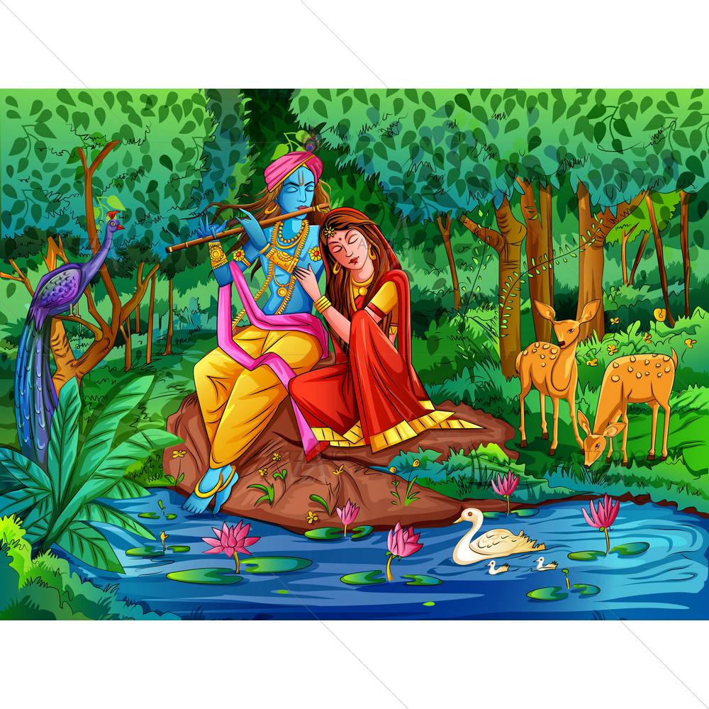 Hindu God Krishna Playing Flute with Radha — custom-size art design 5013794