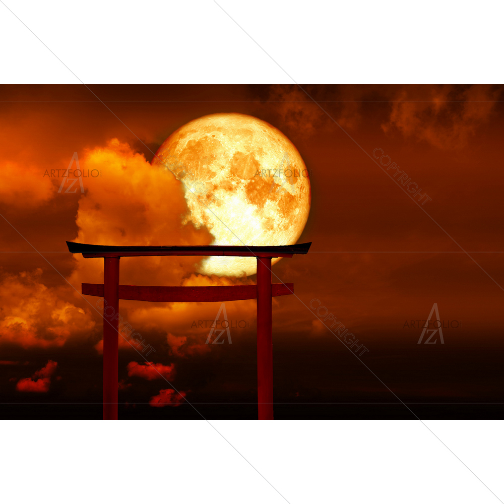 Super Blood Moon Japanese Pillar Stand on Sea, NASA — Devotional custom art by ArtzFolio