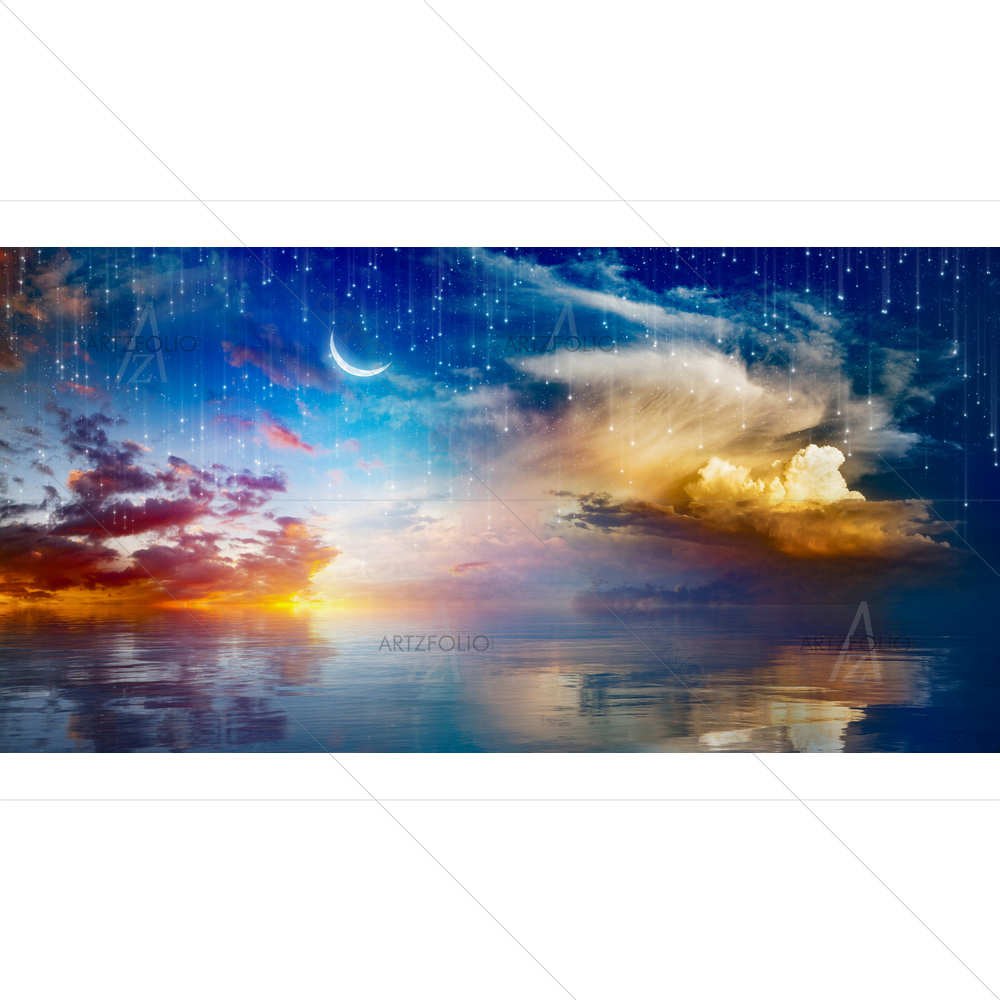 Crescent Moon Rising above Serene Sea, NASA — custom-size art design 5013888