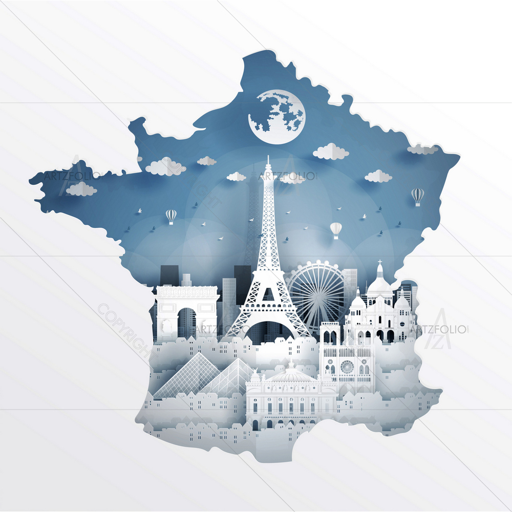 France Map and Famous Landmarks D1 — Architecture custom art by ArtzFolio