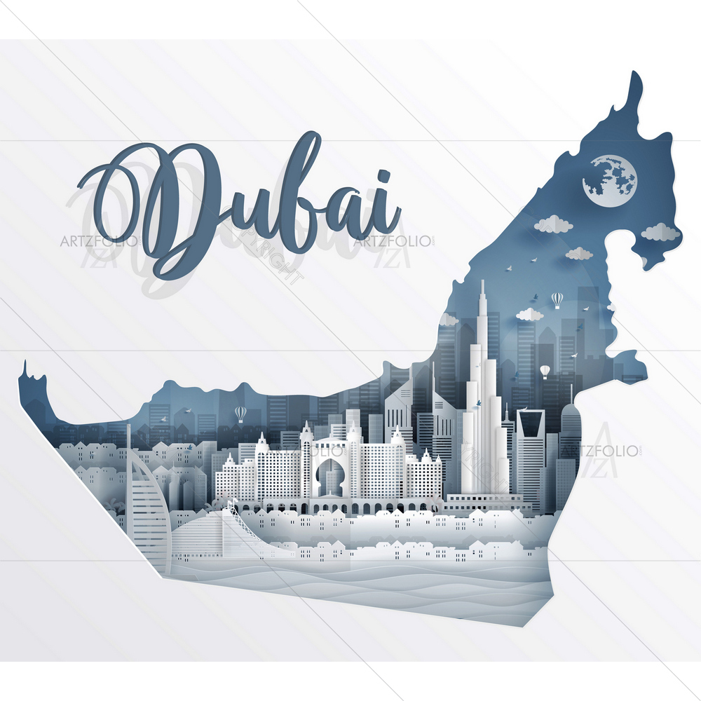 Dubai Map and Famous Landmarks — Architecture custom art by ArtzFolio
