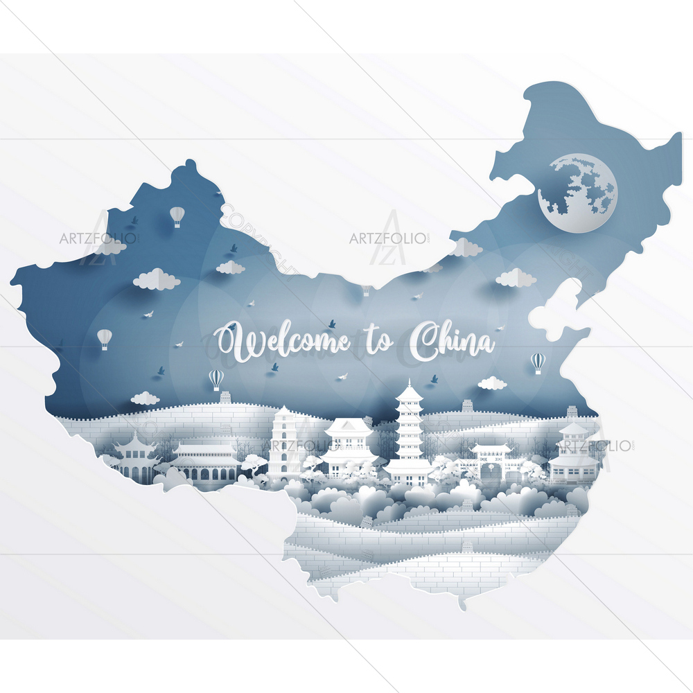 China Map with Its Famous Landmarks — custom-size art design 5013908
