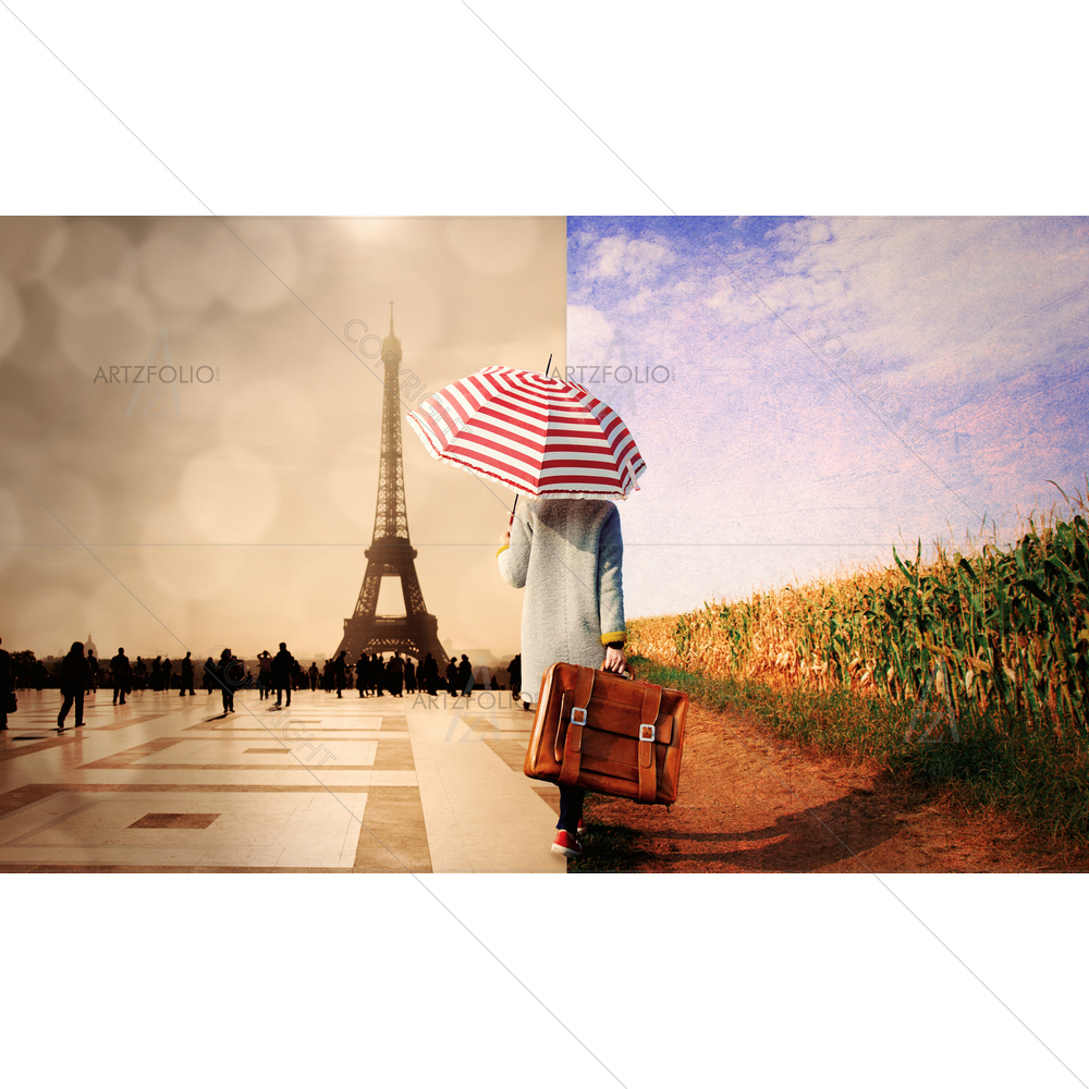Young Girl in Coat with Umbrella — custom-size art design 5013919