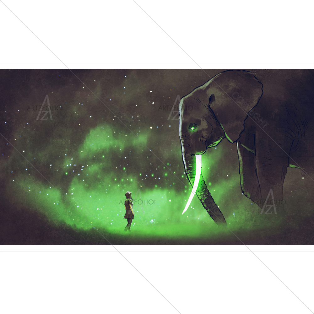 Woman Facing Giant Elephant with Green Tasks — custom-size art design 5013958