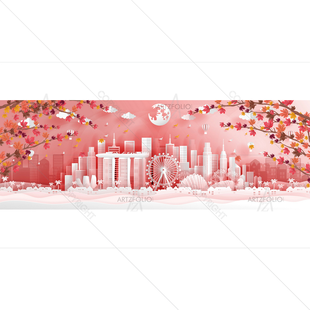 Singapore Famous Landmarks With Falling Leaves — Devotional custom art by ArtzFolio