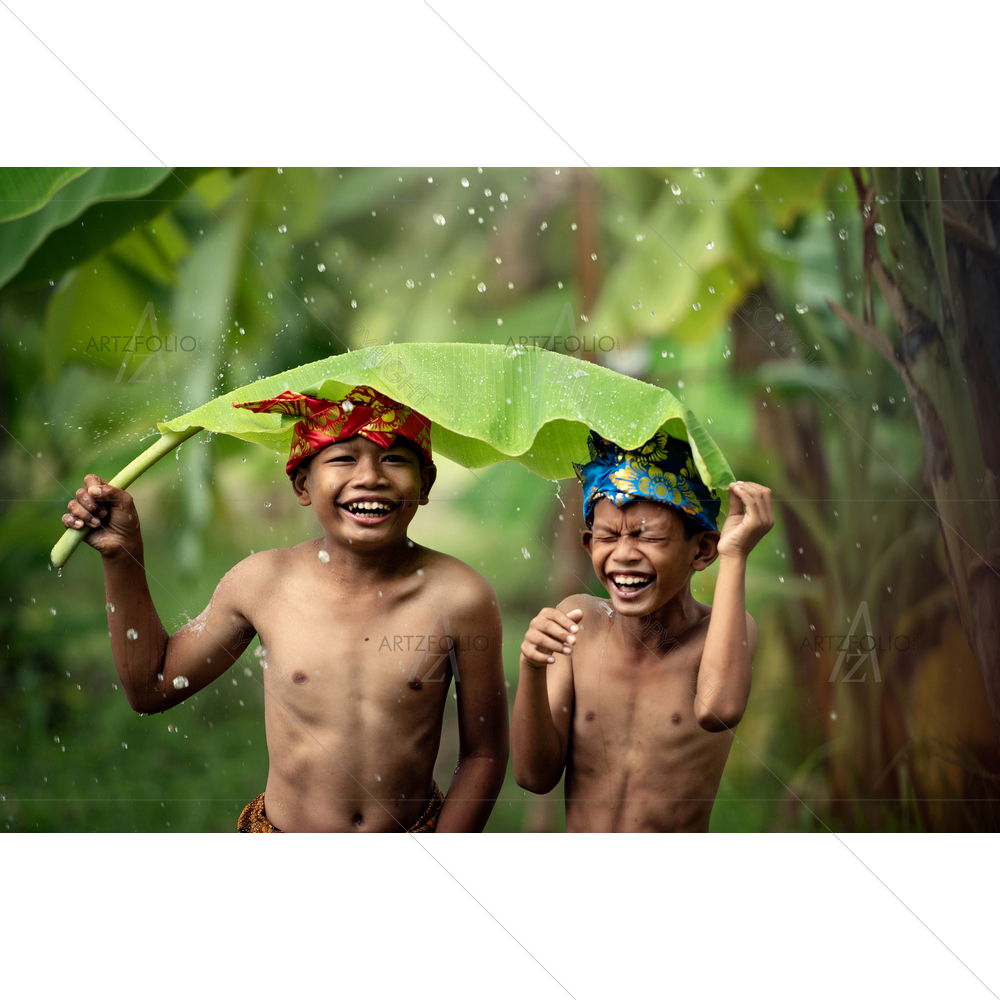 Indonesian Asian Children Wearing Traditional Headdresses — custom-size art design 5014008