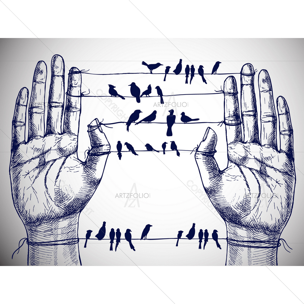 Human Hands and Birds on Wires — custom-size art design 5014021