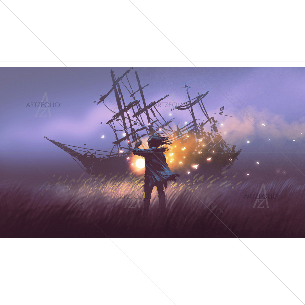 Man with Magic Lantern Standing in Field — custom-size art design 5014047