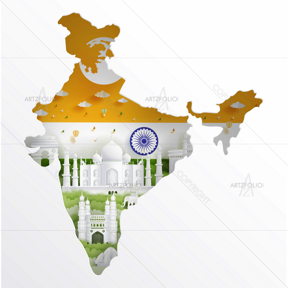 India Map with Famous Landmarks D1 — custom-size art design 5014052