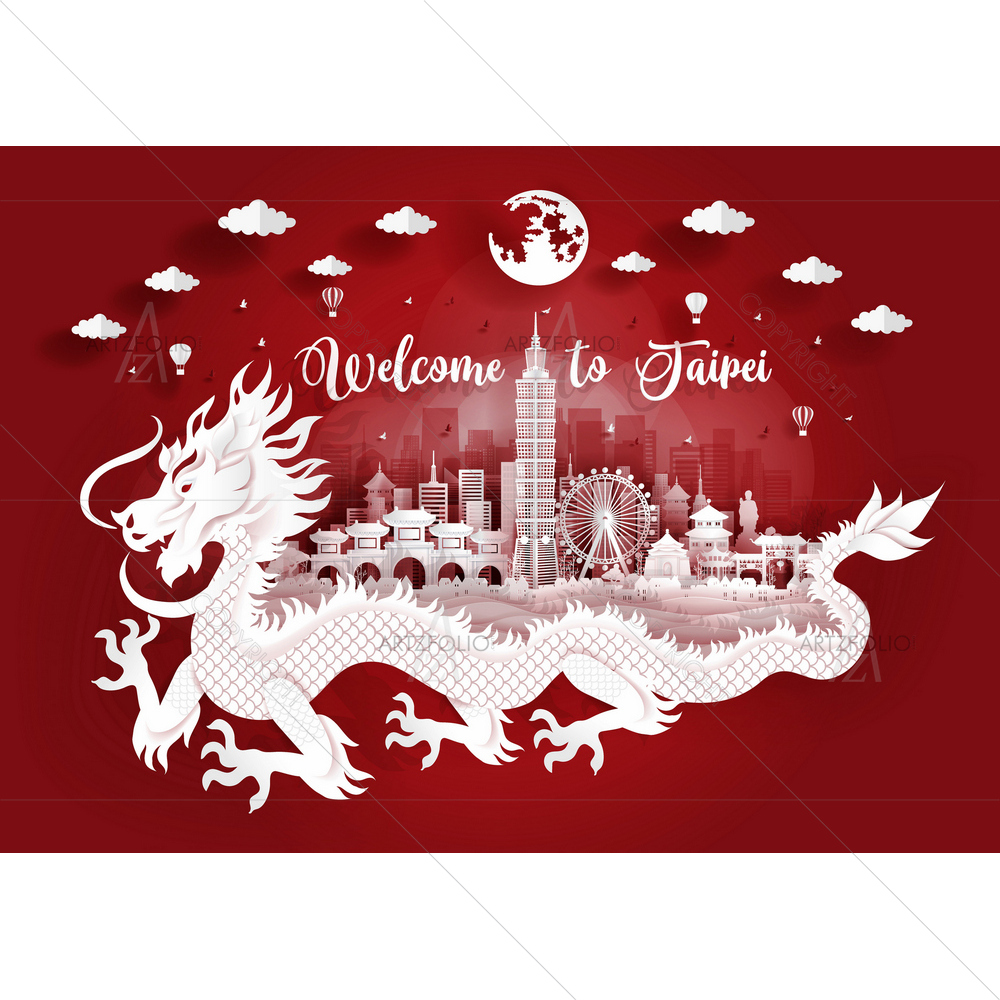 Taipei City Skyline with Buildings and Landmarks — Asian custom art by ArtzFolio