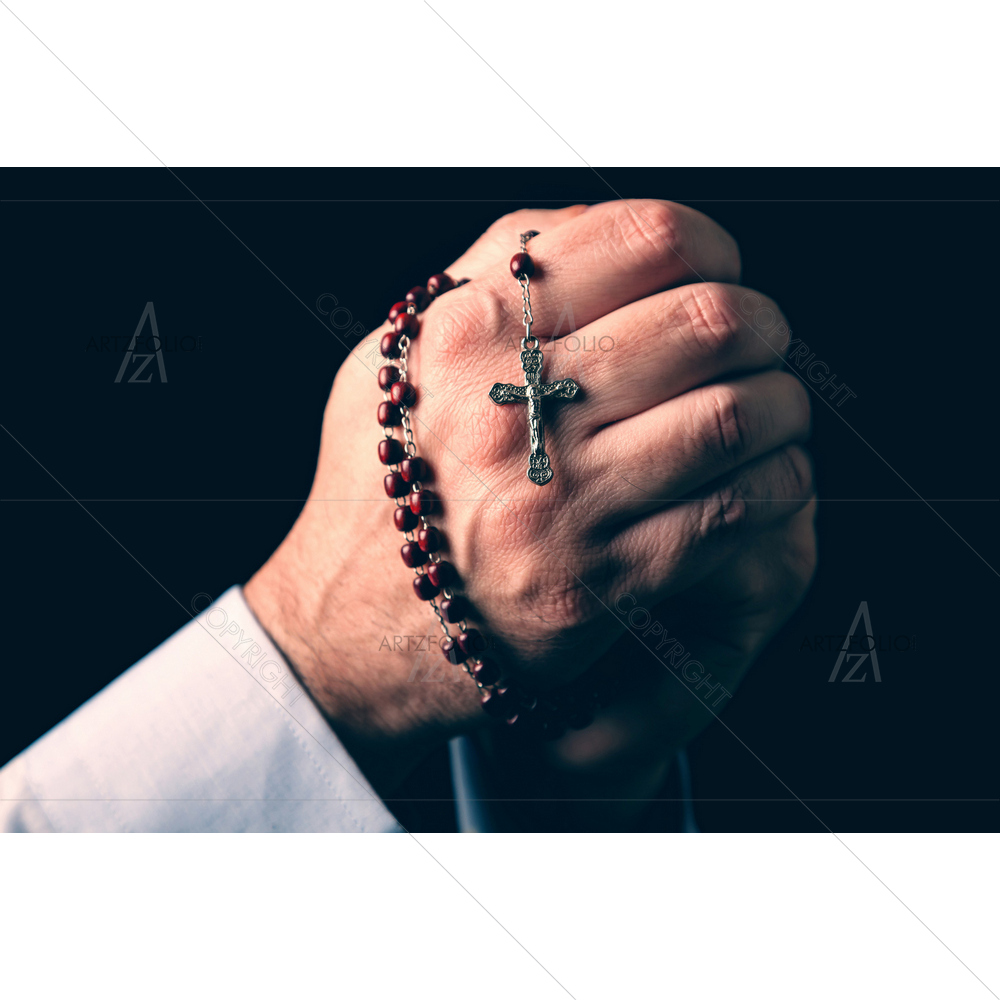 Hands Praying Holding Rosary with Jesus Christ in Cross — custom-size art design 5014102